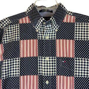 Tommy Hilfiger Mens Medium Button Down Shirt Mock Patchwork Patriotic 2001